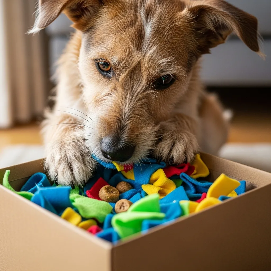 Terrier digging in a snuffle box filled with colorful fabric scraps.