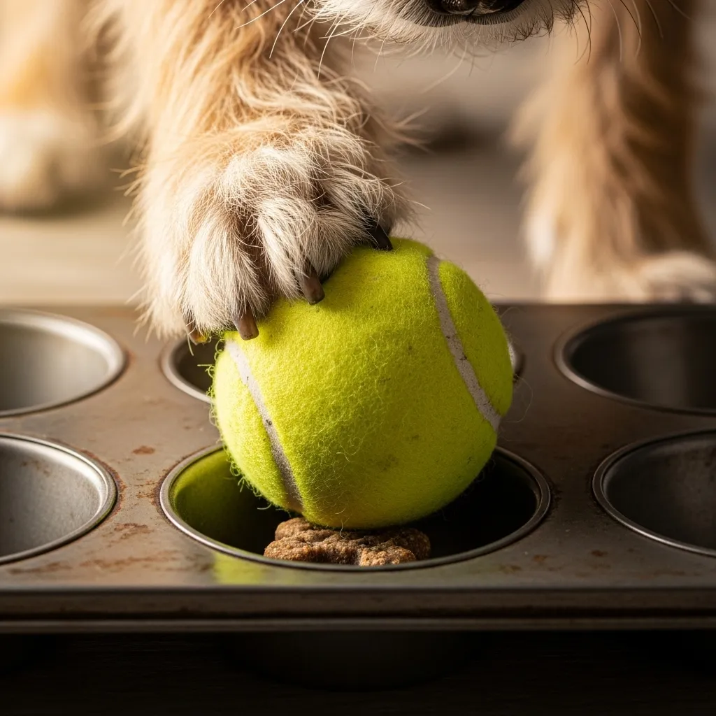 Dog paw removing tennis ball from muffin tin to reveal treat.