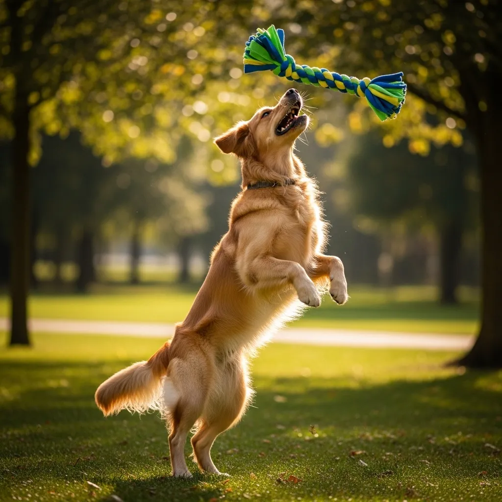 Golden retriever catching a fleece braid toy in mid-air.