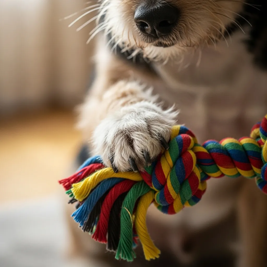 Terrier mix paw and rope toy.