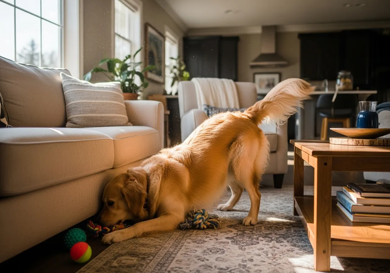 Golden retriever searching for hidden treats indoors.
