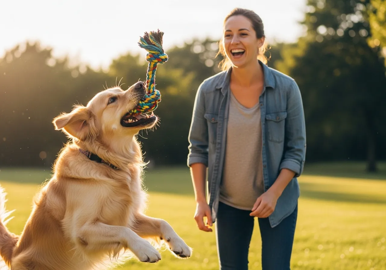 Golden Retriever playing fetch with a DIY rope toy.