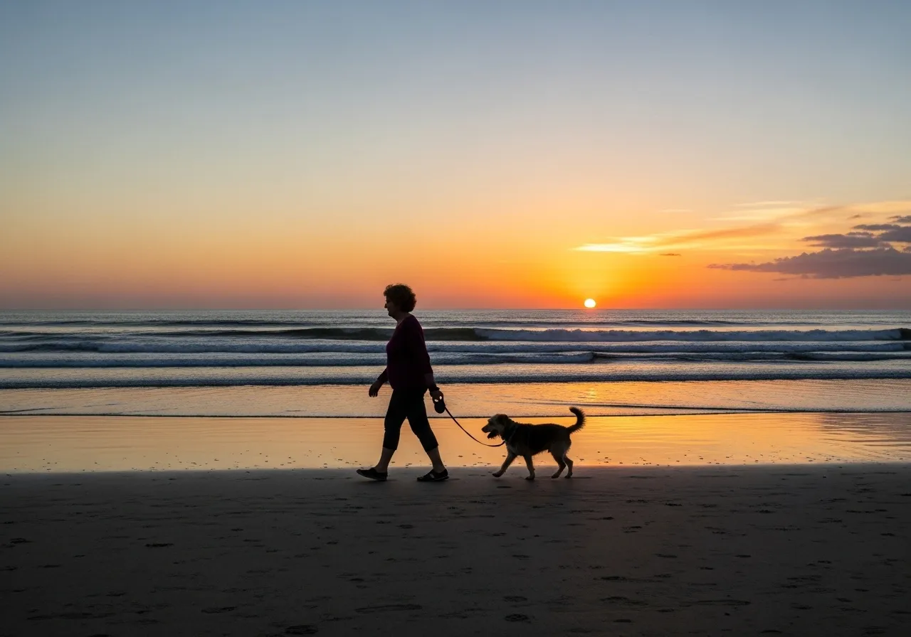 Senior woman and dog enjoy a peaceful beach walk.