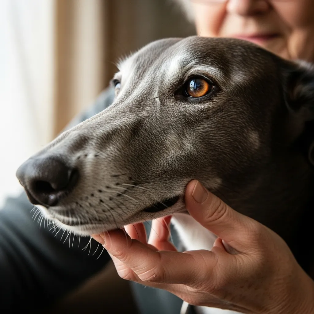 Senior woman and greyhound share a tender moment.