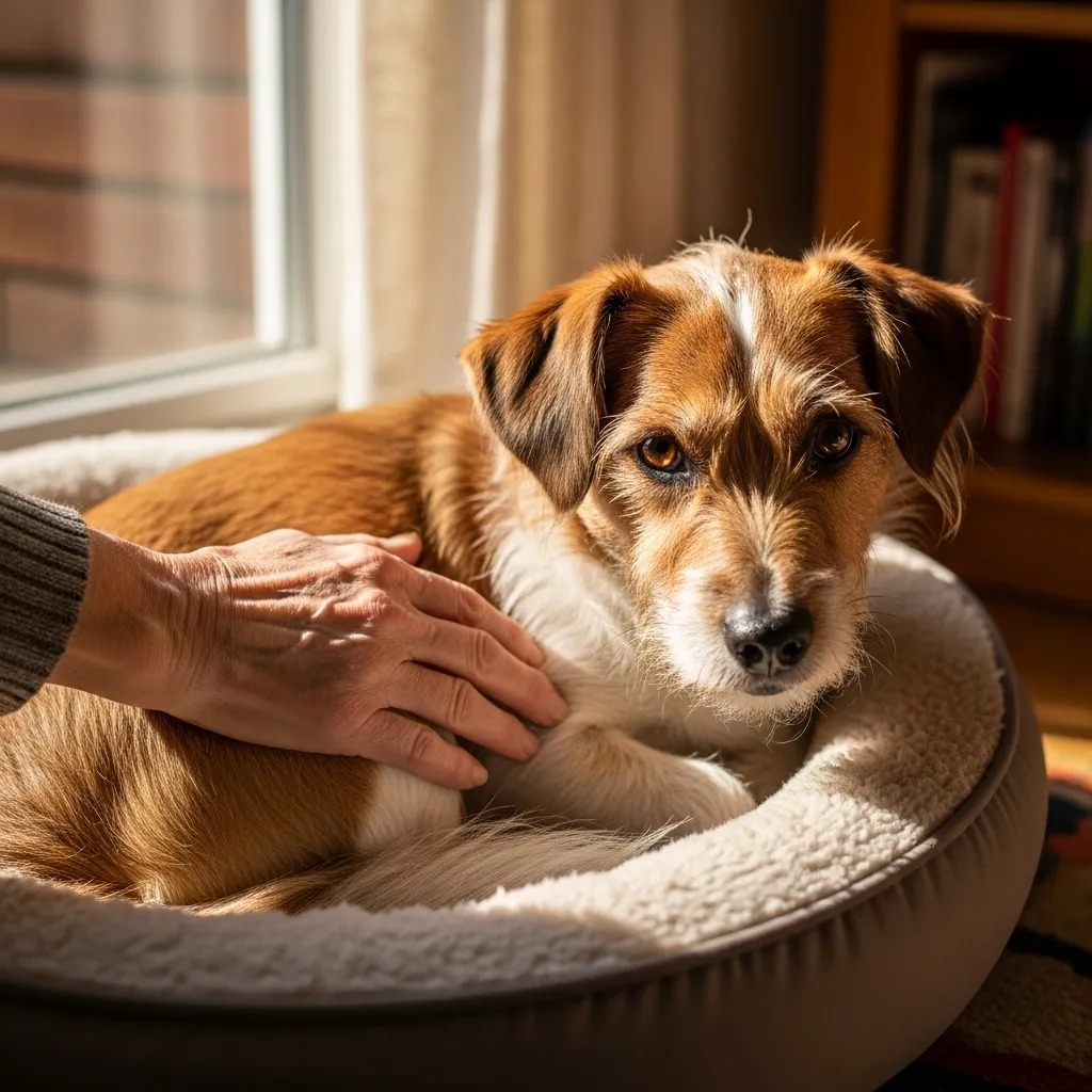 A senior woman comforts a newly adopted terrier mix in its safe space.