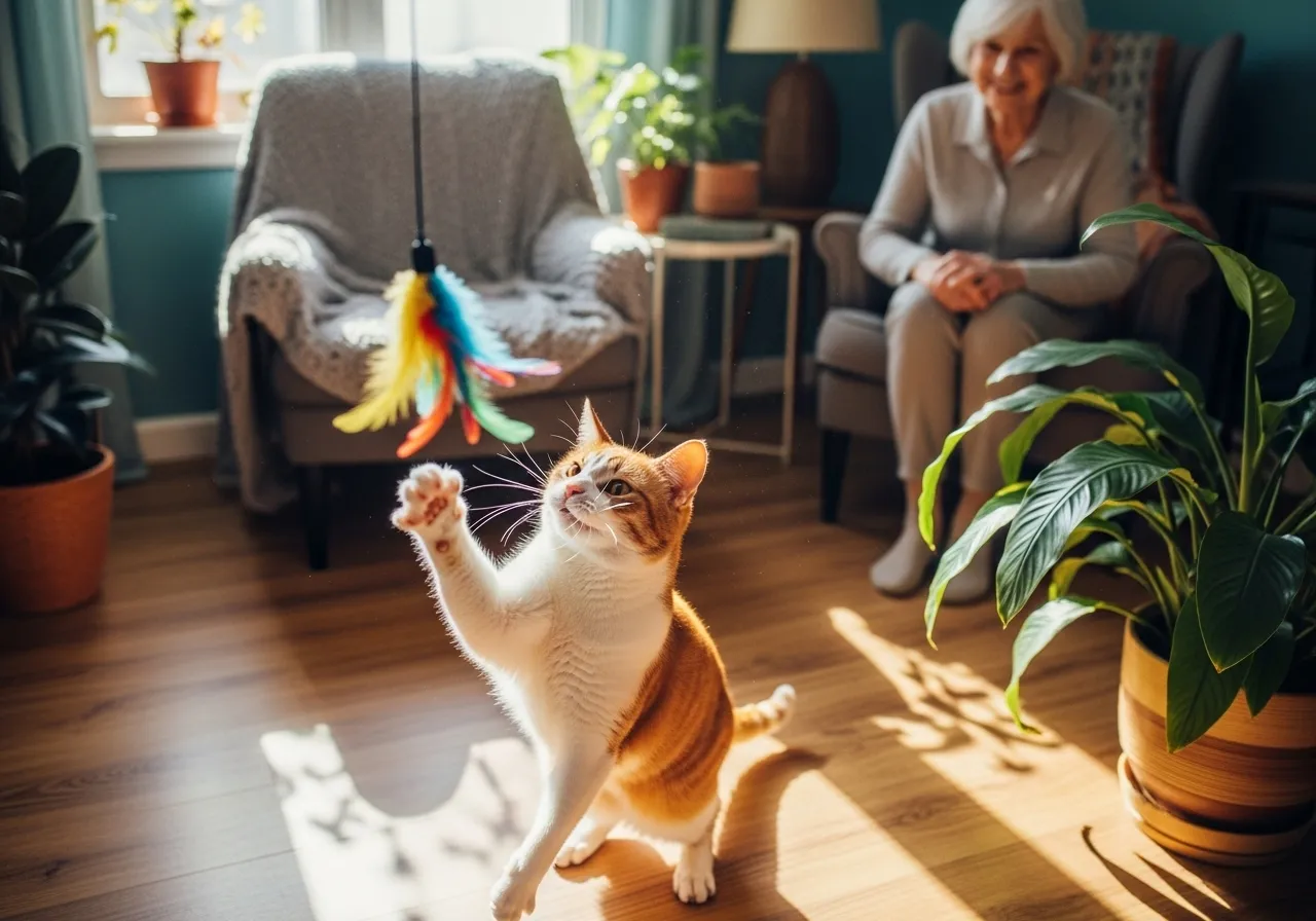 Senior cat playing, senior woman watching.