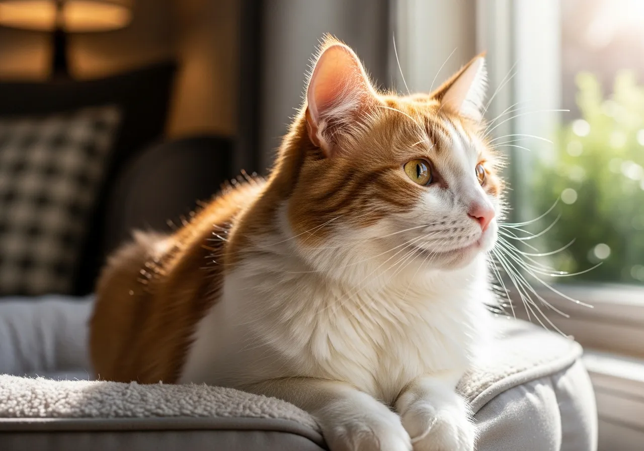 Senior cat relaxing on an orthopedic bed in a sunlit room.