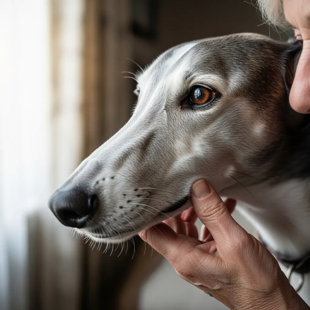 Senior woman and greyhound share a tender moment.