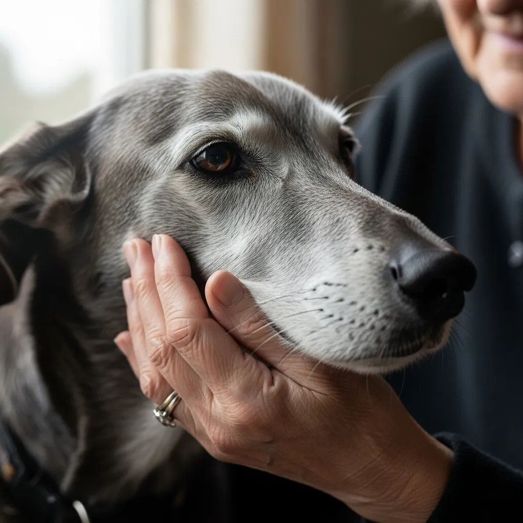 A senior woman gently pets a senior dog.