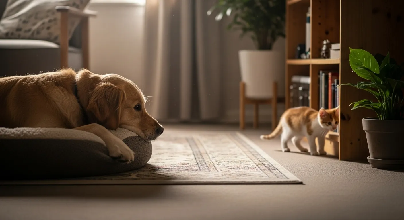 Dog and kitten in same room, maintaining a comfortable distance.