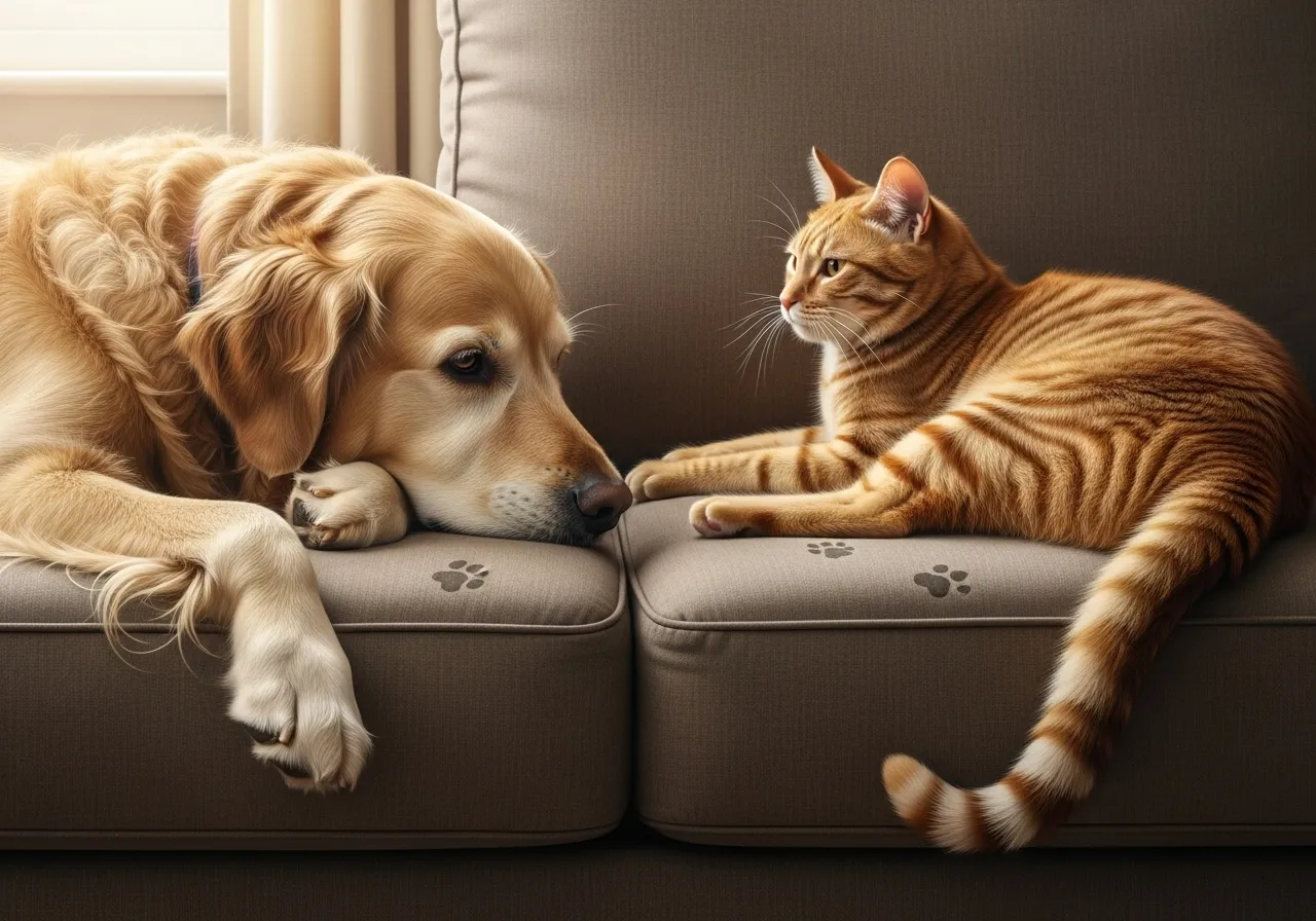 Senior dog and cat relaxed on a sofa, maintaining calm distance.