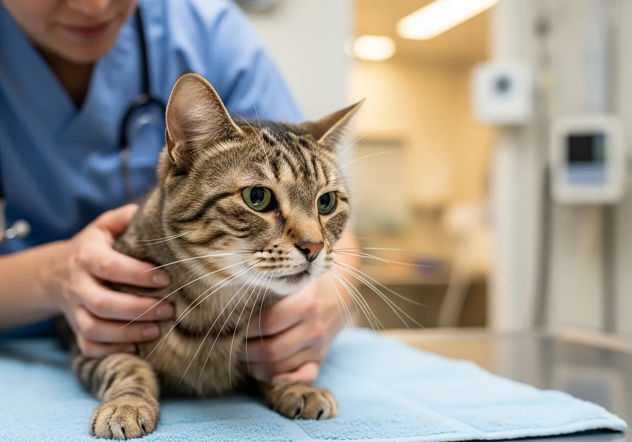 Vet checking cat for pain; cat shows subtle facial tension.