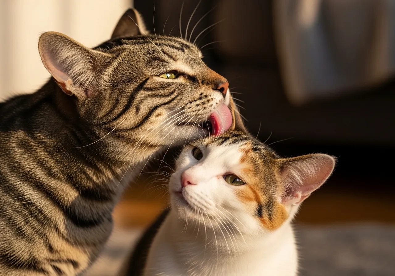 Two cats grooming each other peacefully.