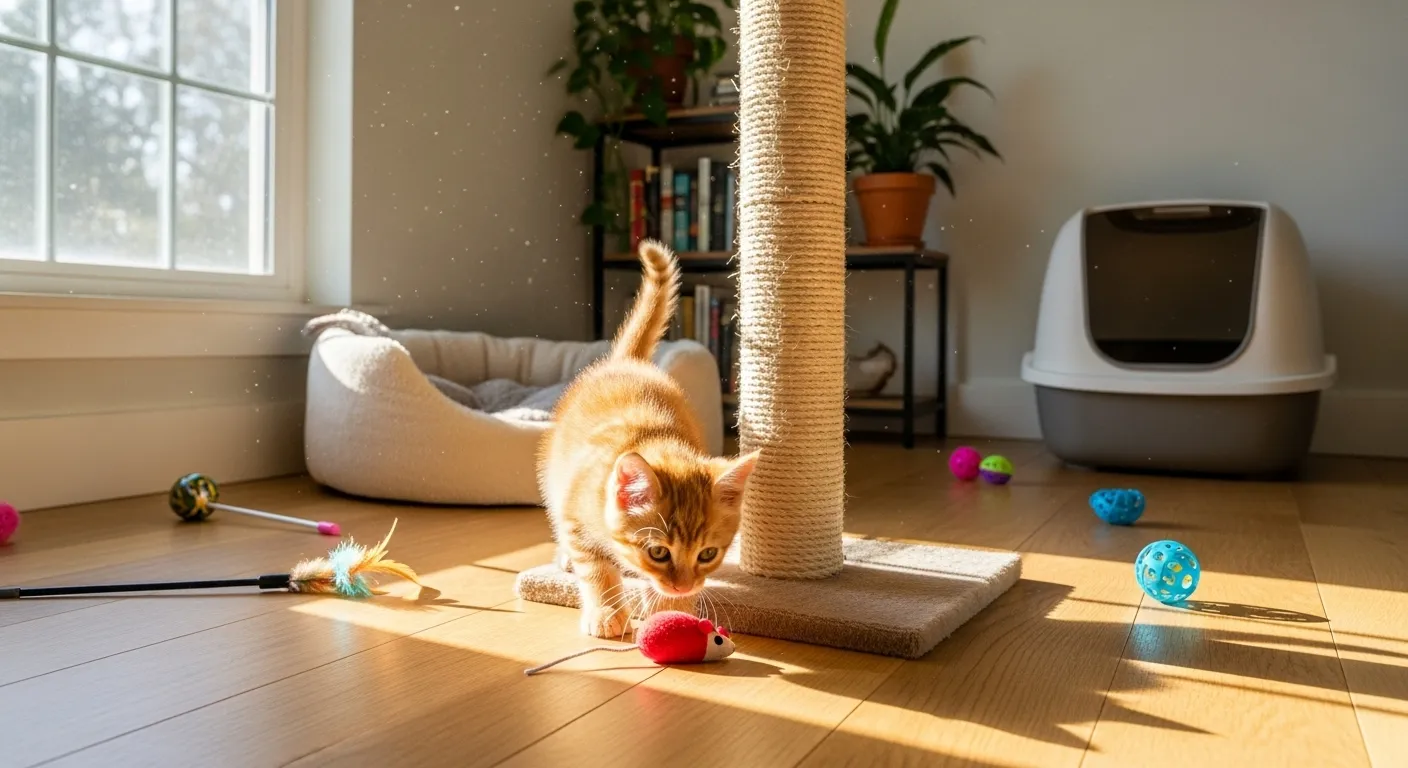 New cat in its own designated space, exploring and adjusting.