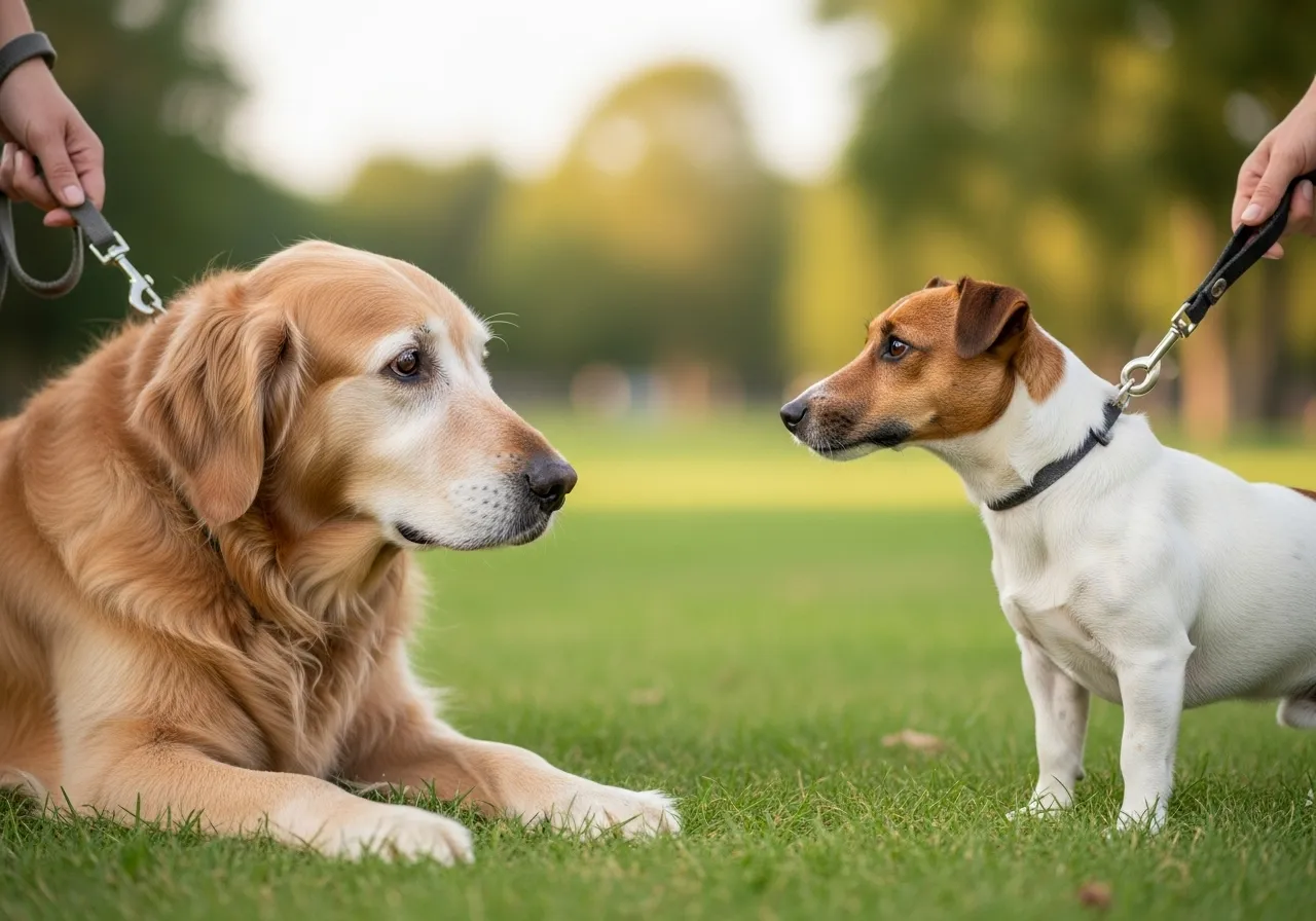 First meeting between senior and young dog, using loose leashes in neutral territory.