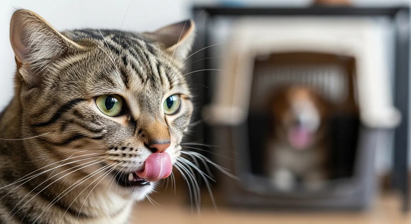 Cat nervously licking lips near dog crate.