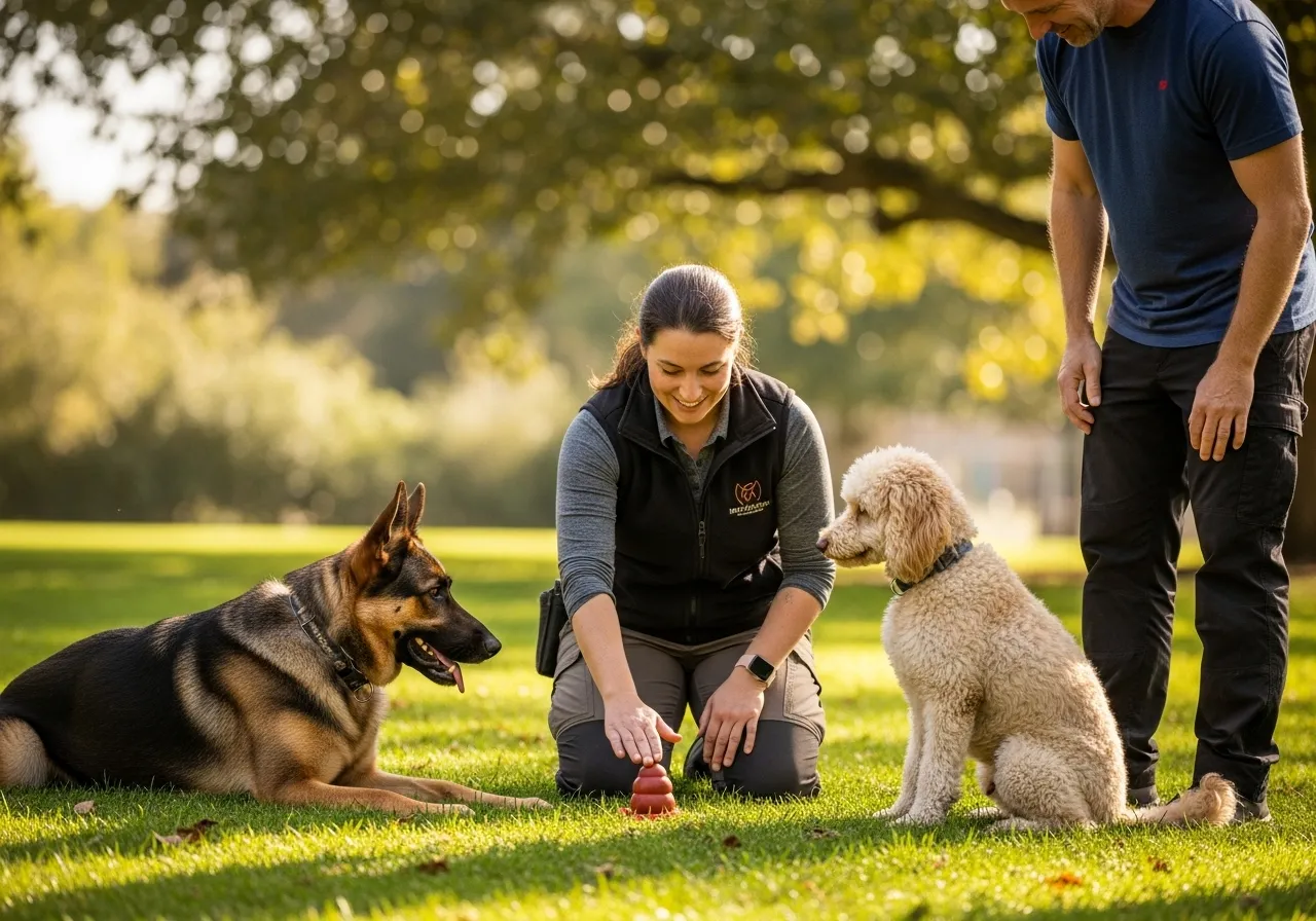 Professional trainer guiding dogs and owner through resource guarding behavior modification.
