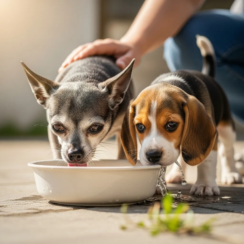 Two dogs of different ages and breeds sharing a water bowl.
