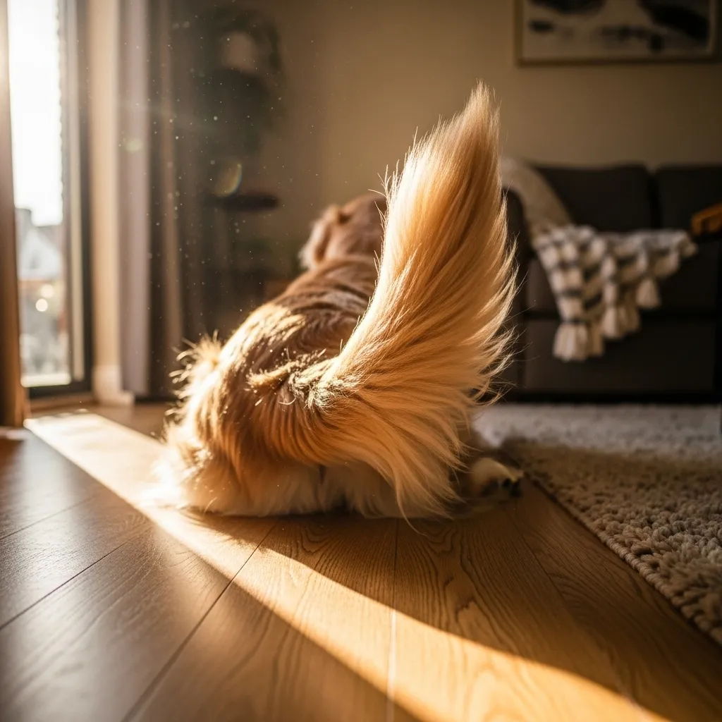 Golden retriever's tail thumping on the floor.