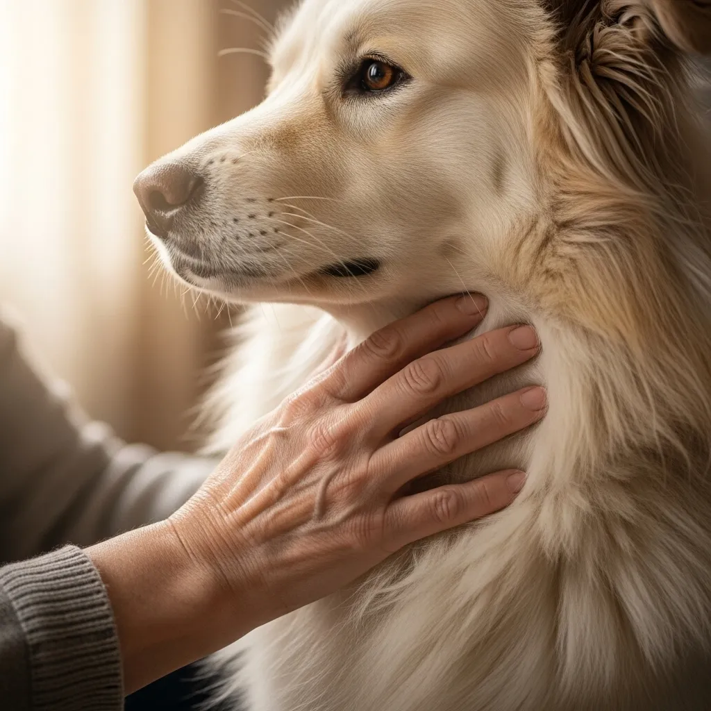 Woman's hand petting a dog's chest.