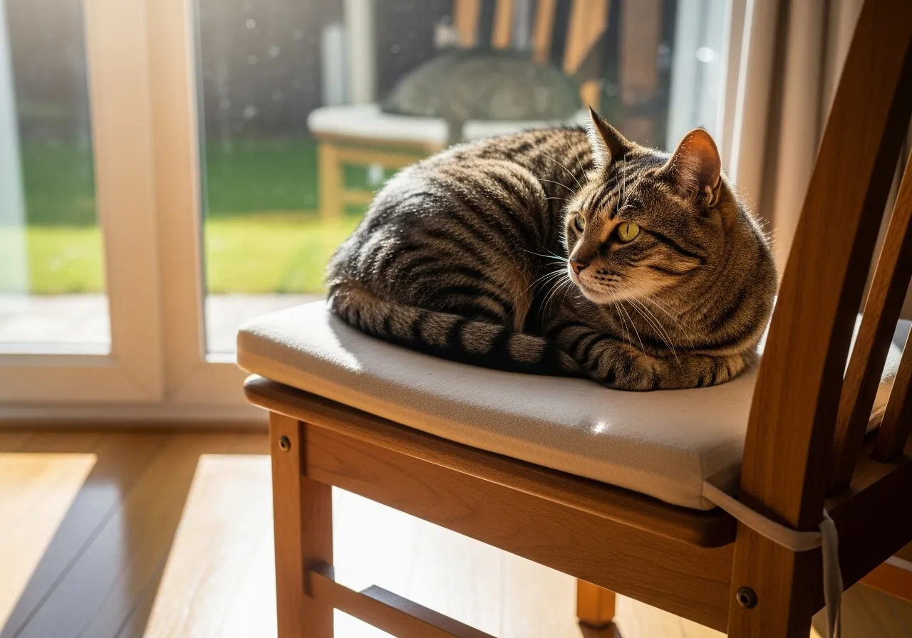 Cat peacefully rests in a sunlit spot by the window.