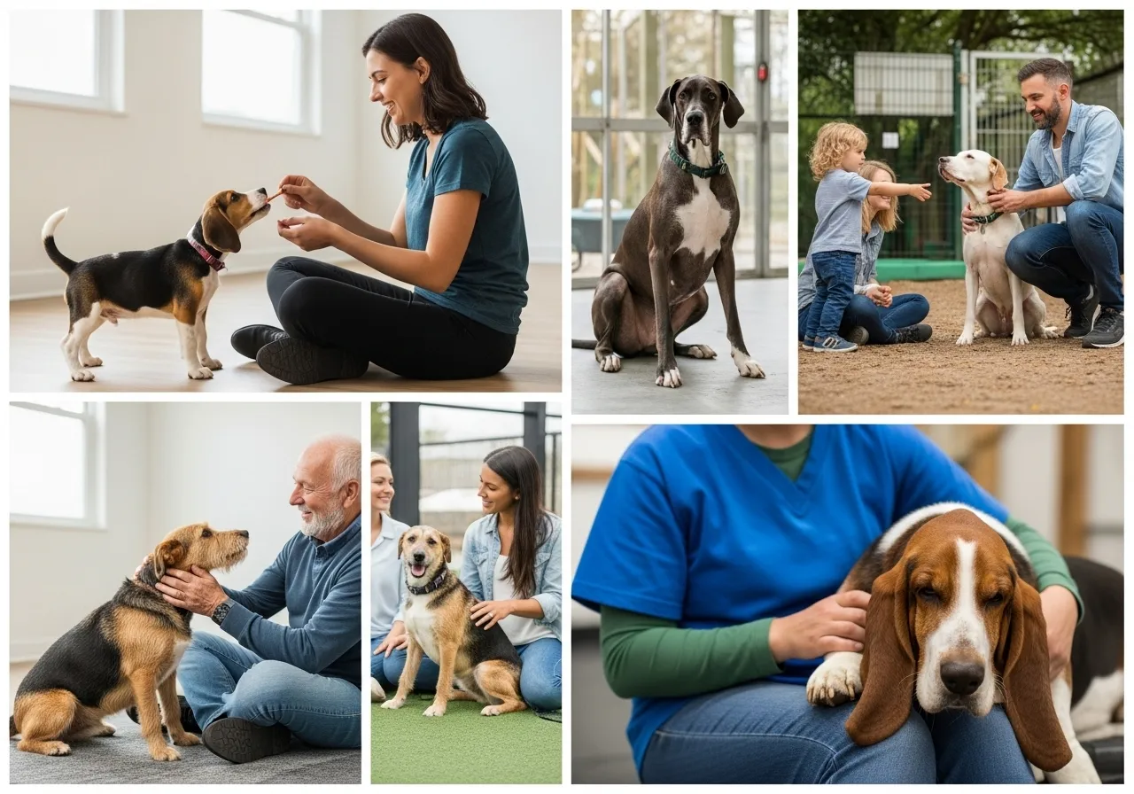 Dogs at a shelter interacting with potential adopters.