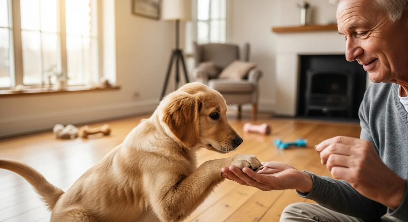 Golden retriever puppy learning hand targeting with positive reinforcement and treats.
