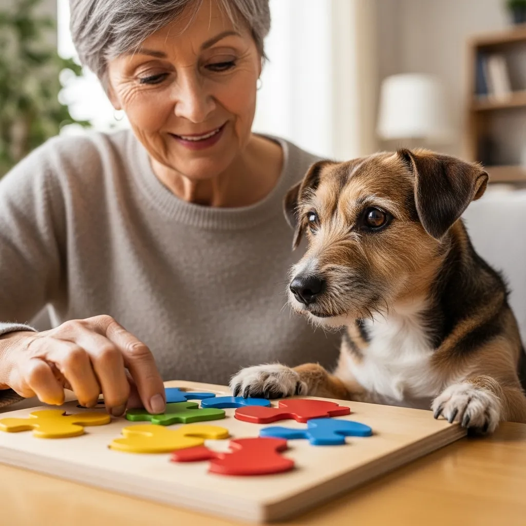 Senior woman and small dog playing puzzle game indoors.