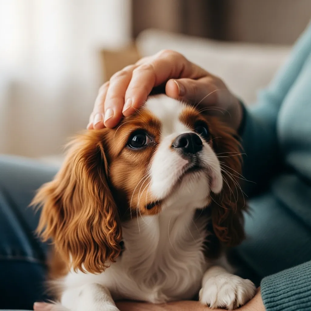 Senior woman gently petting a Cavalier King Charles Spaniel puppy.
