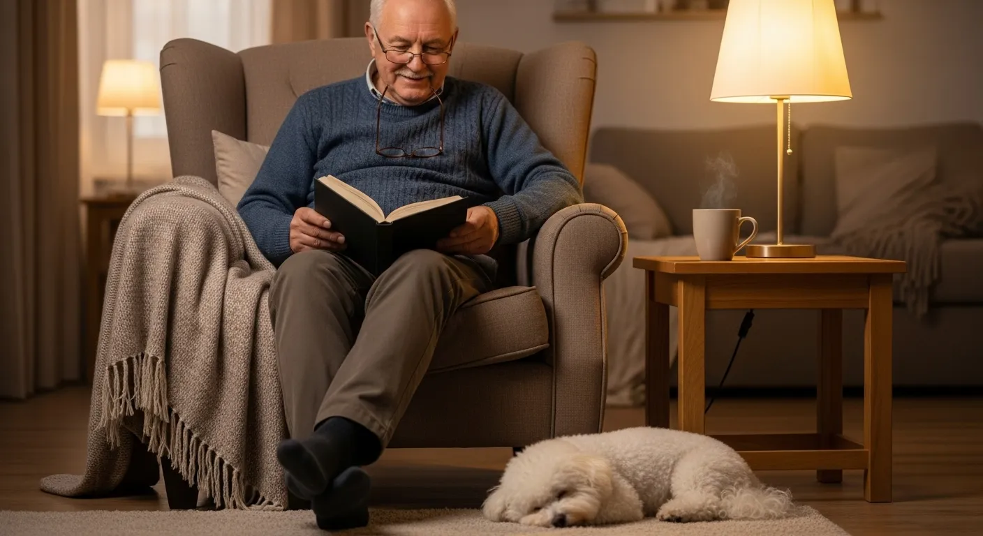 Senior man reading with a sleeping Bichon Frise at his feet in a cozy, warmly lit room.