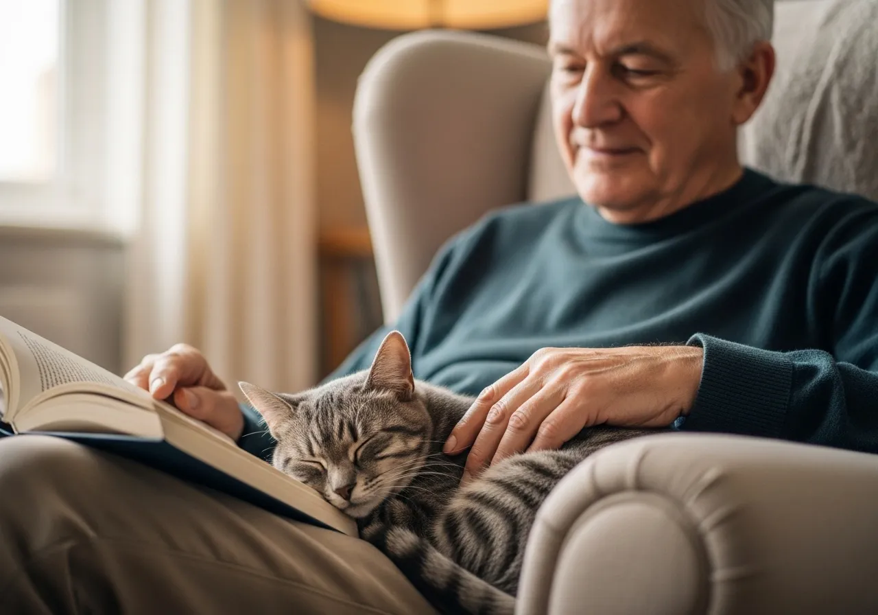 Senior man reads with a sleeping cat on his lap.