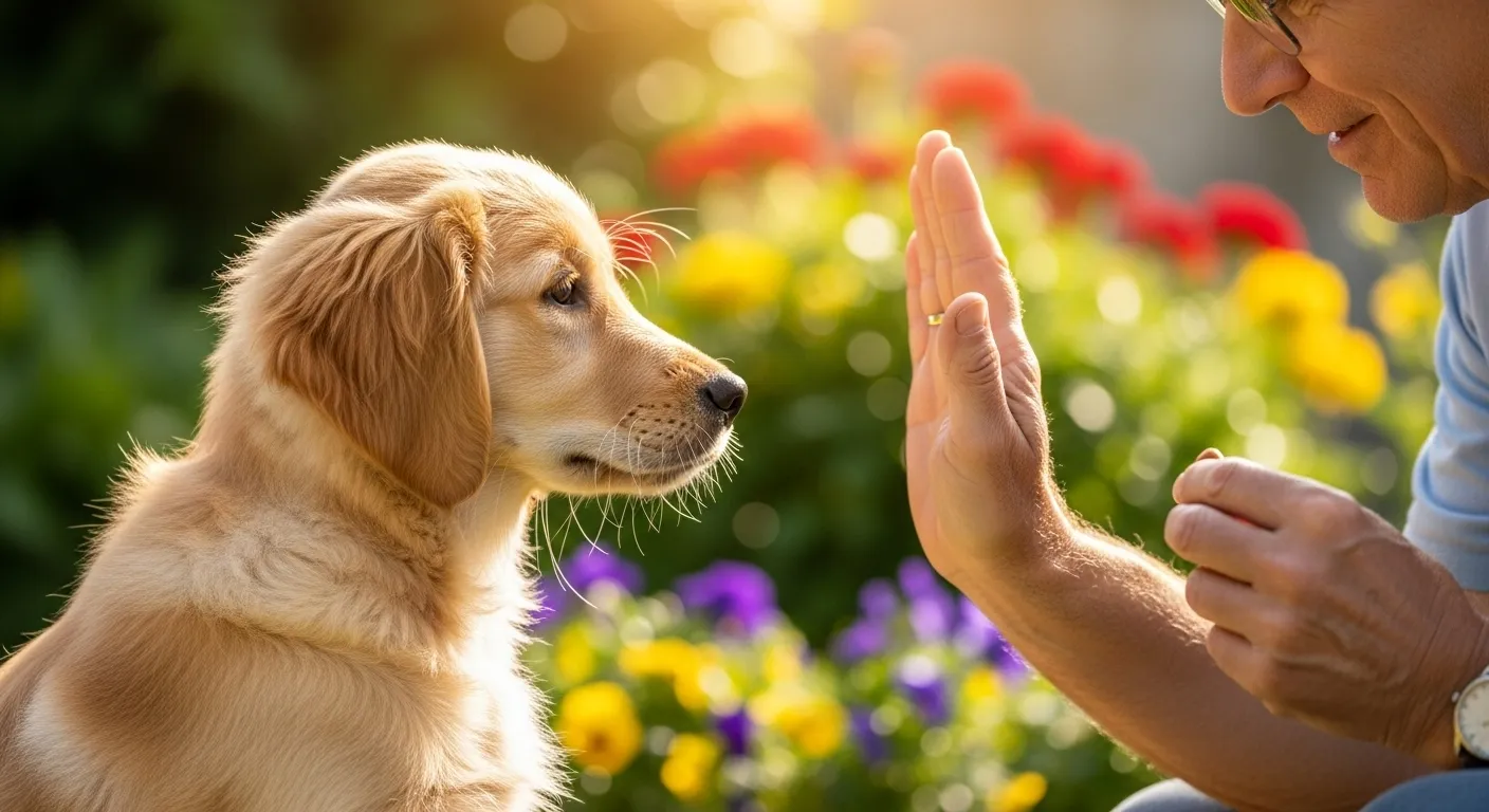 Golden Retriever puppy learning 'stay' with a senior man using positive reinforcement.