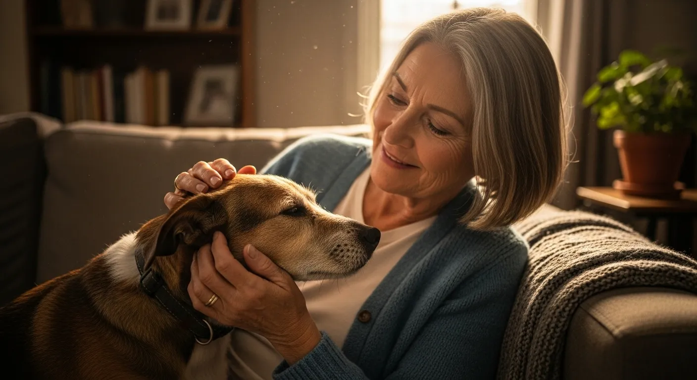 Senior gently pets a short-haired mixed breed dog on a couch.