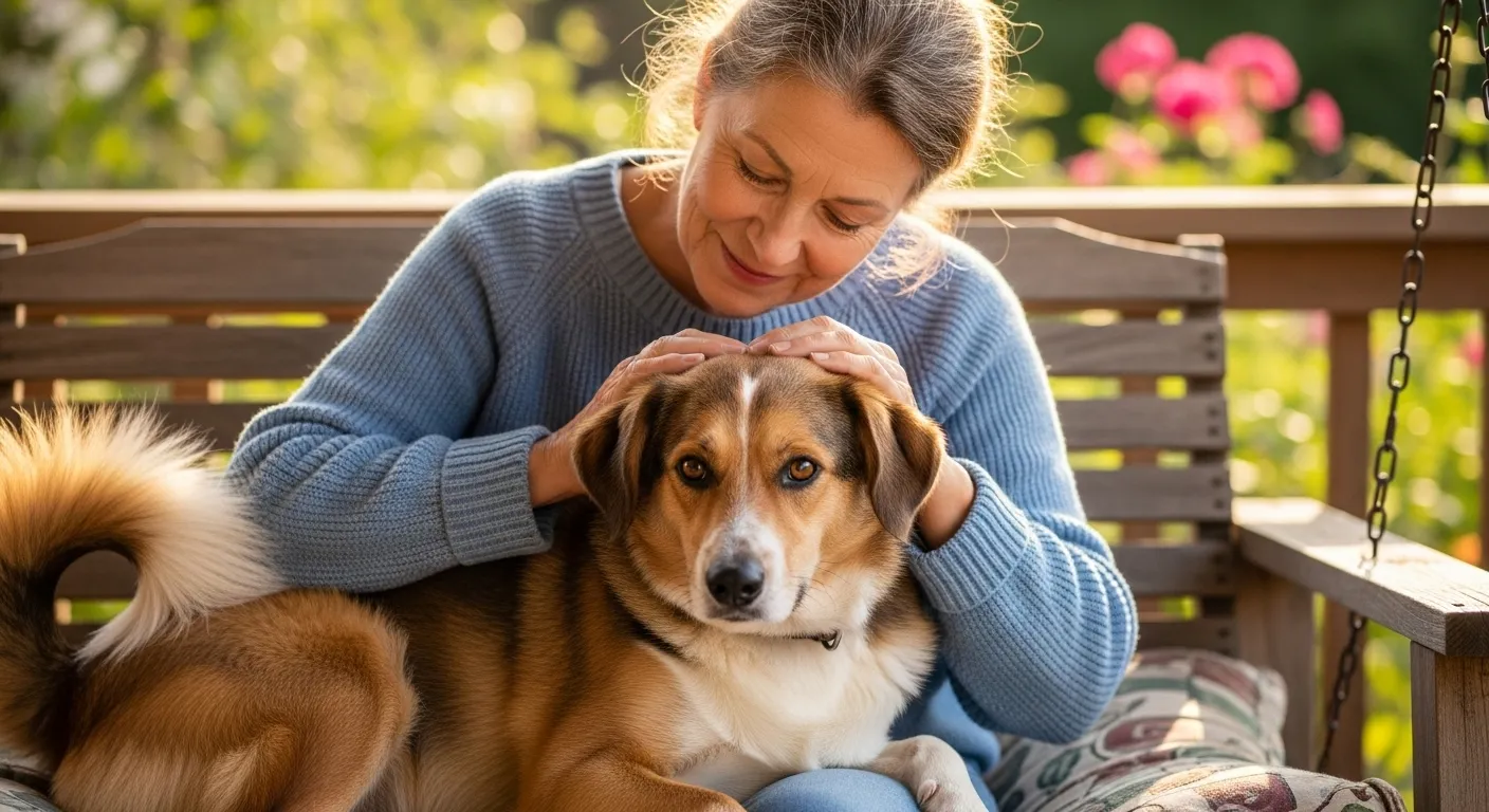 Senior woman and mixed-breed dog relaxing on porch swing.