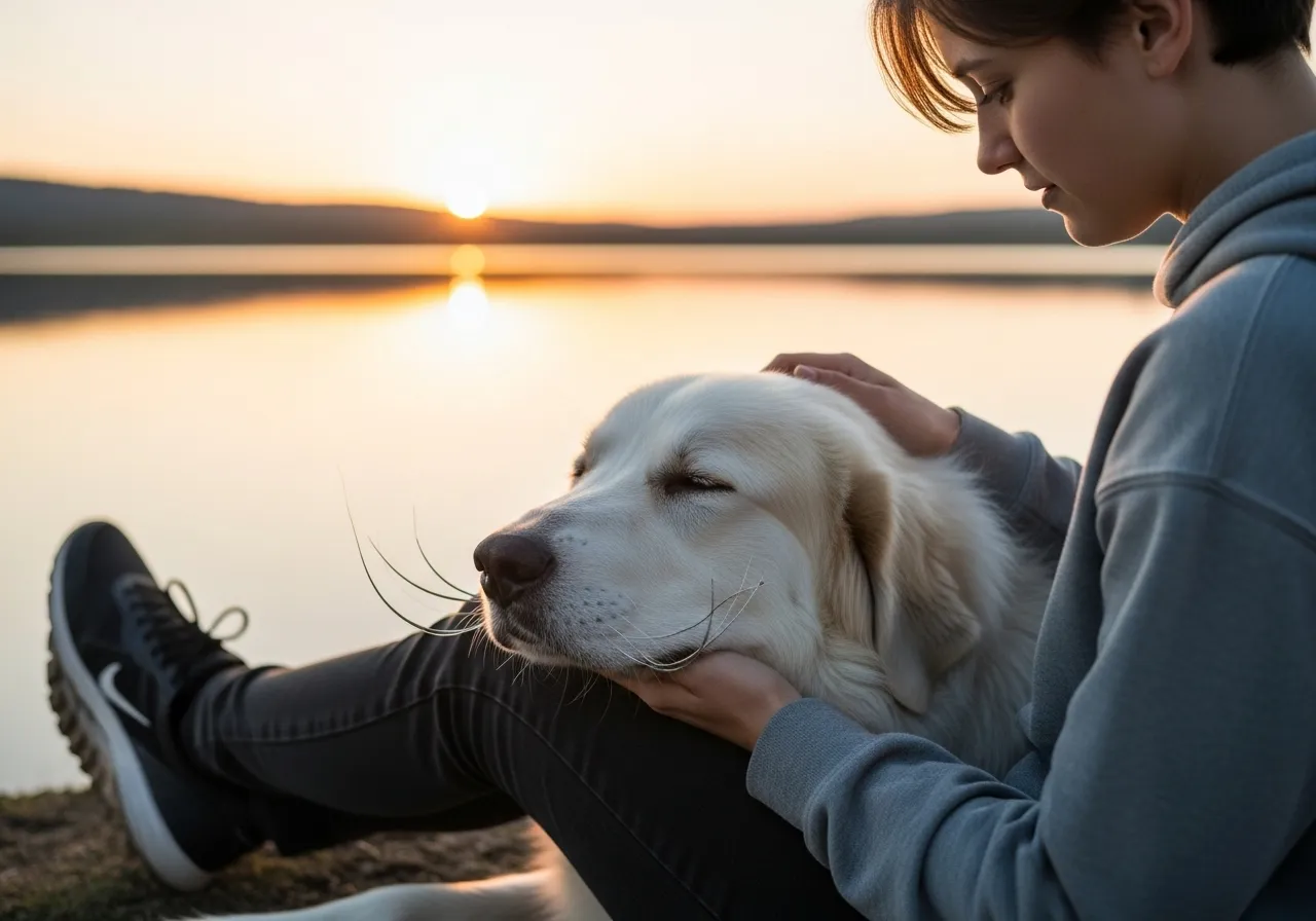 Person and large dog relax by a lake.