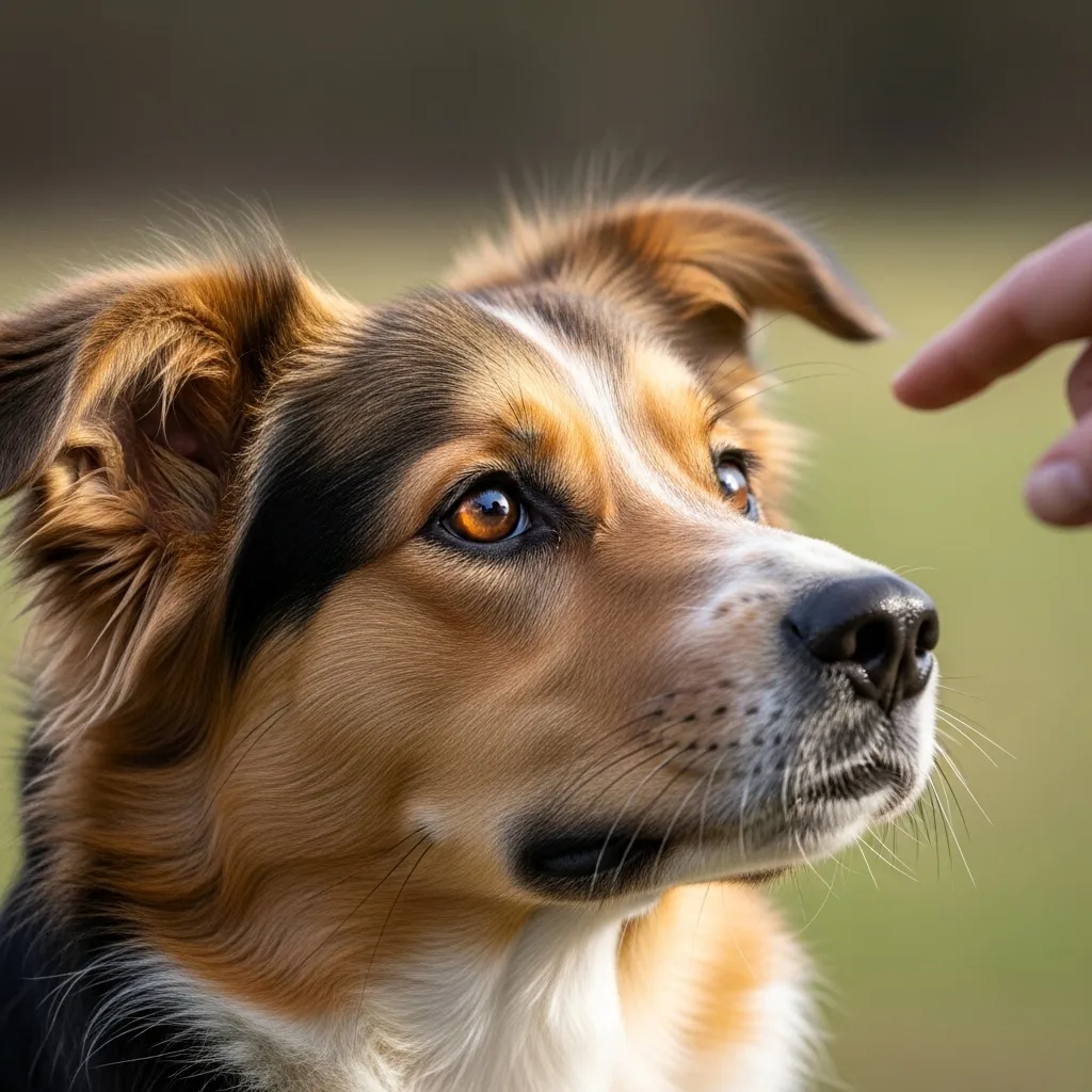 Dog attentively watches owner's hand.