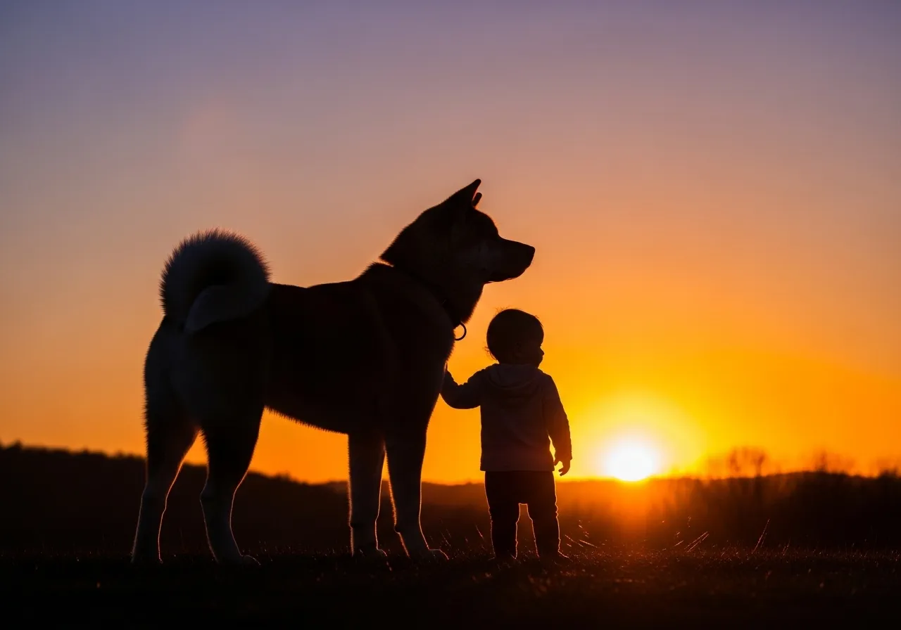 Akita silhouette with child, sunset backdrop.