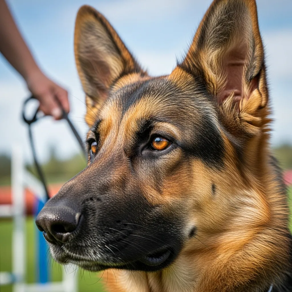 Close-up of German Shepherd dog during agility training.