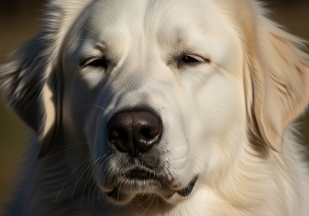 Close-up portrait of a Great Pyrenees dog's face, peaceful expression.