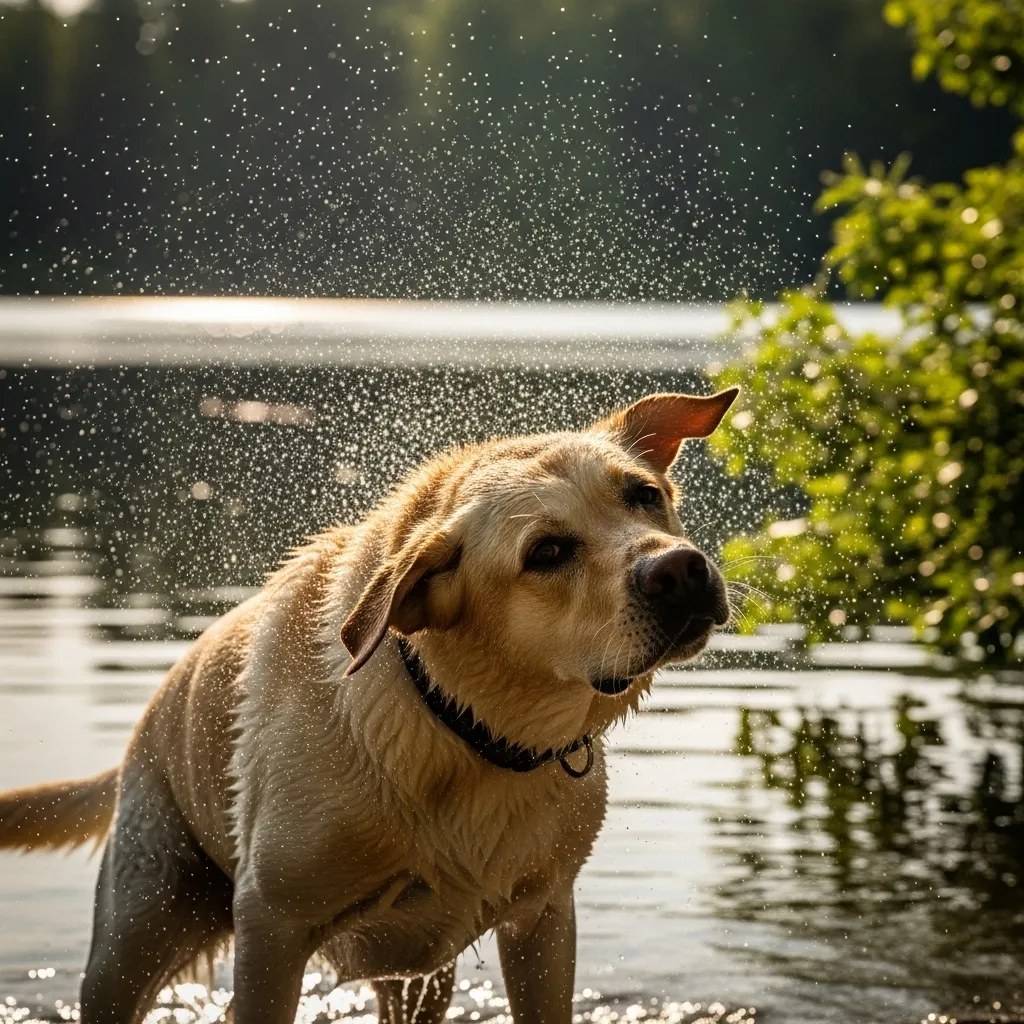 Wet Labrador Retriever shaking water off, sunlit droplets.