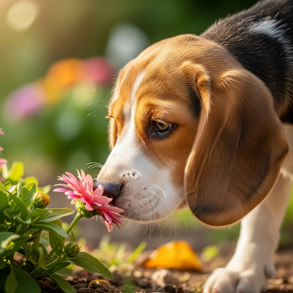 Beagle puppy sniffing a flower.