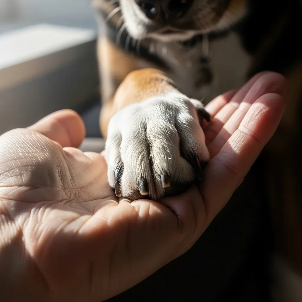 Dog paw and human hand, gentle connection.