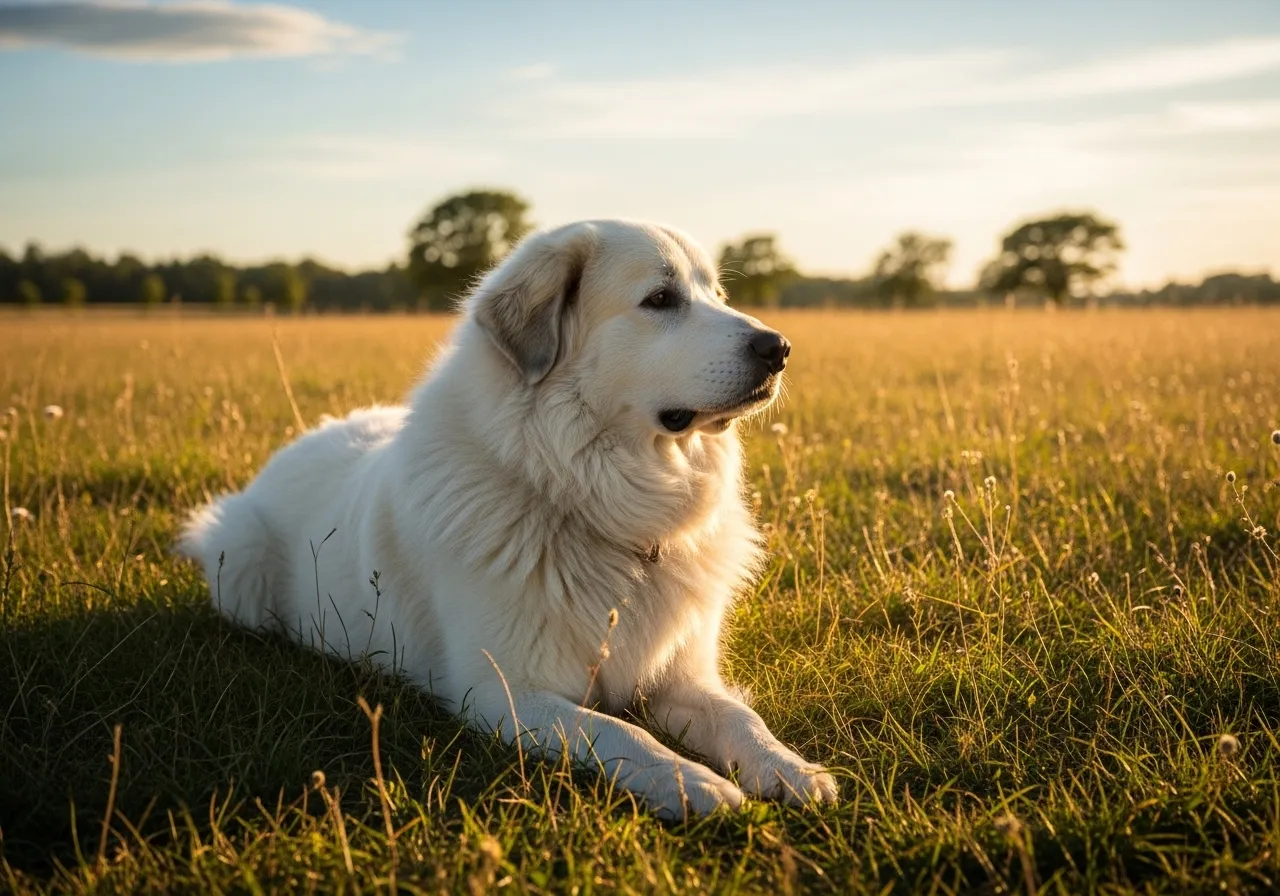 Great Pyrenees dog relaxing in a sunny field.