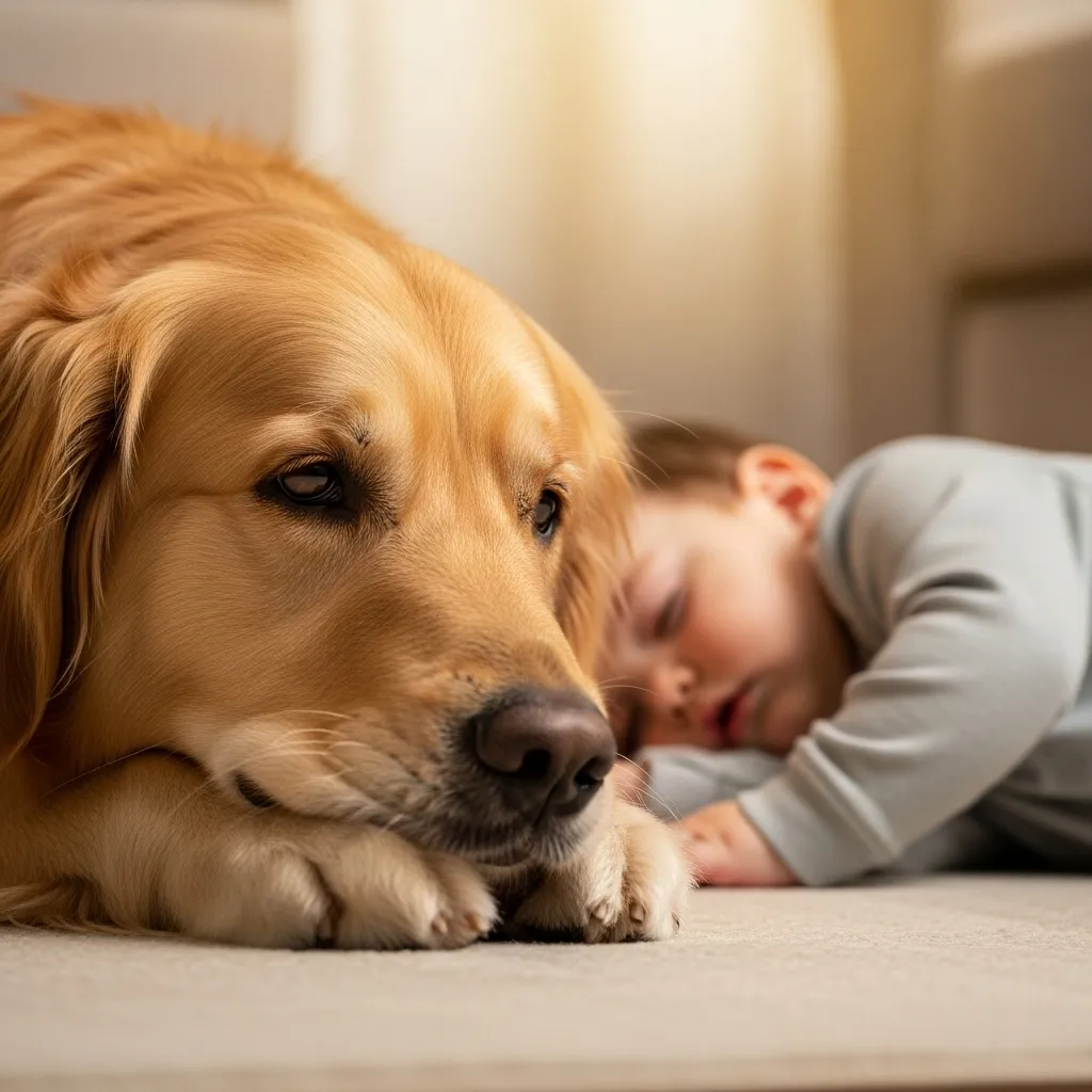 Golden retriever and napping toddler.
