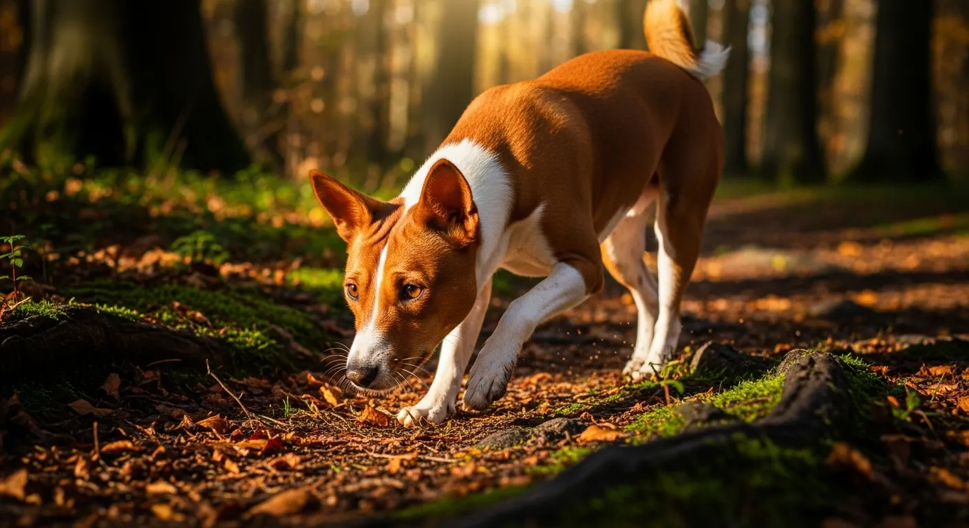 Basenji exploring a sunlit forest path.