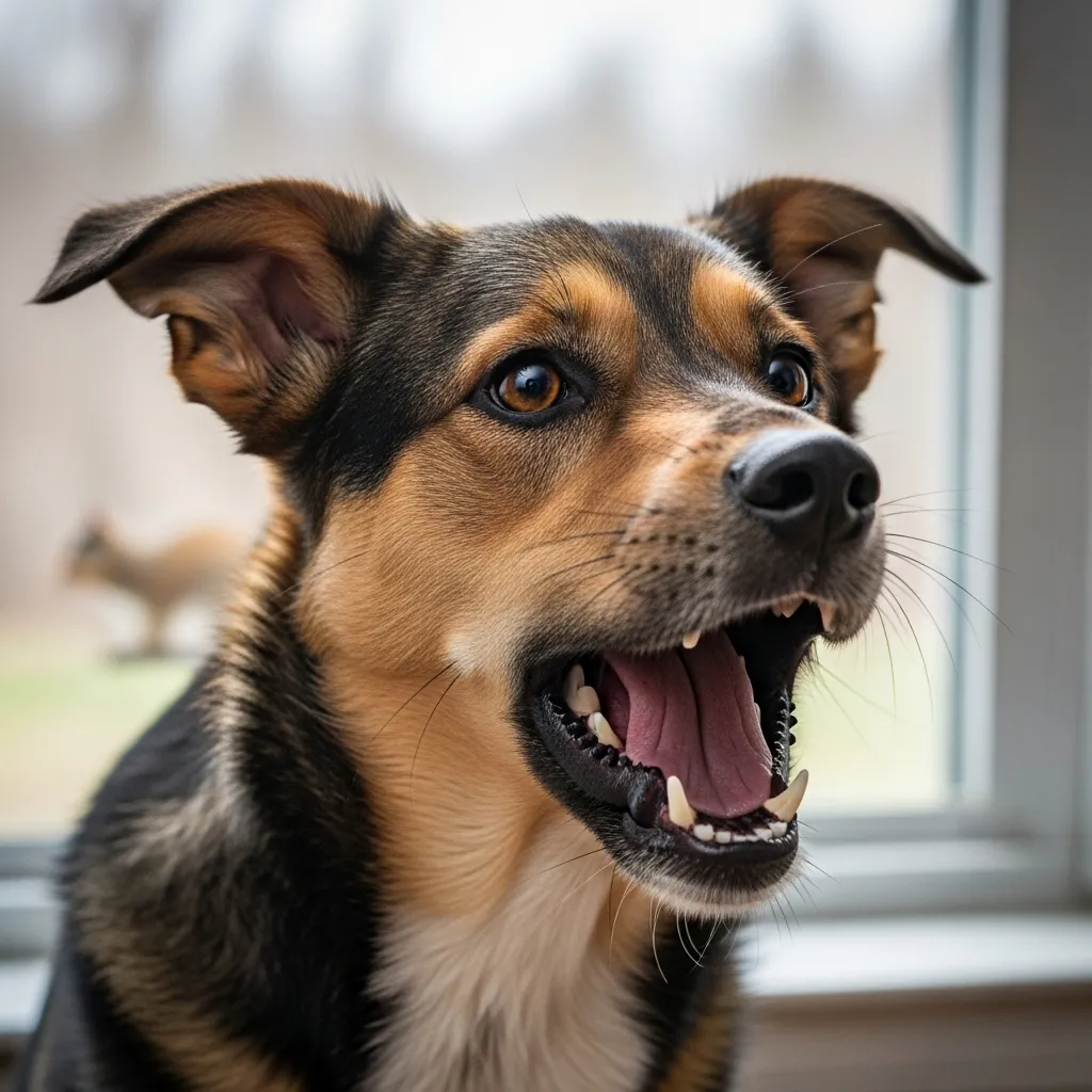 Dog barking at a squirrel seen through a window.