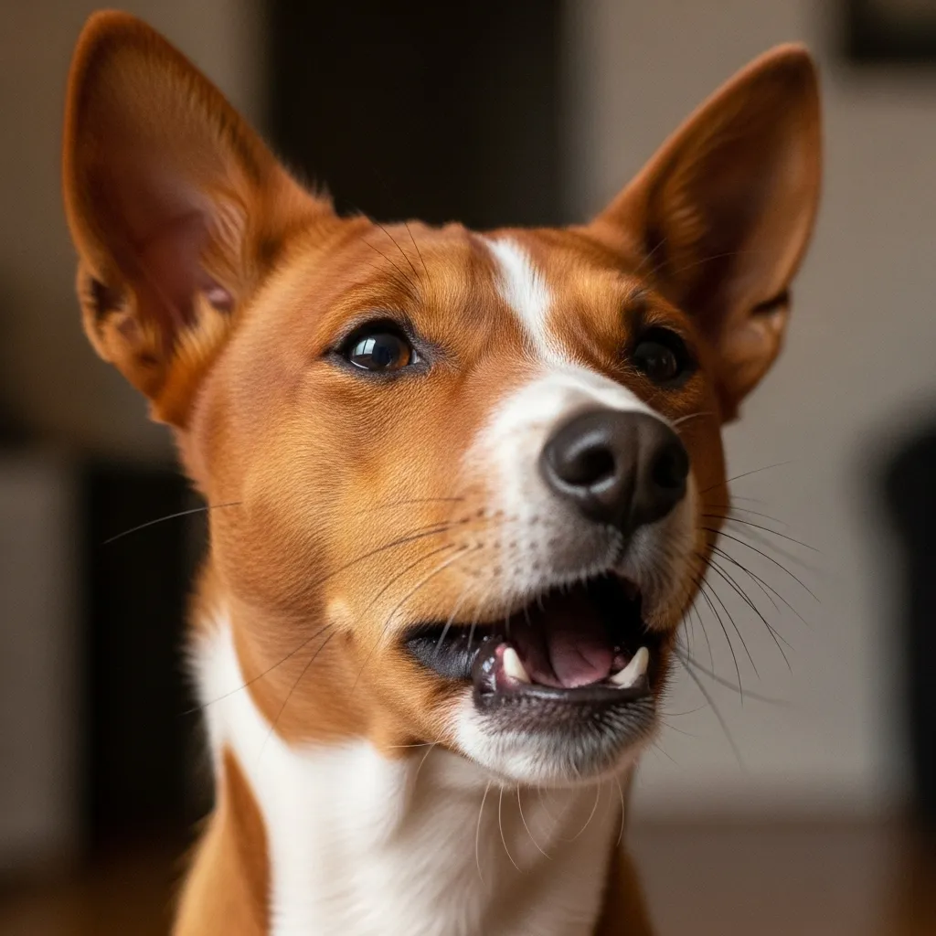 Basenji yodeling, close-up.