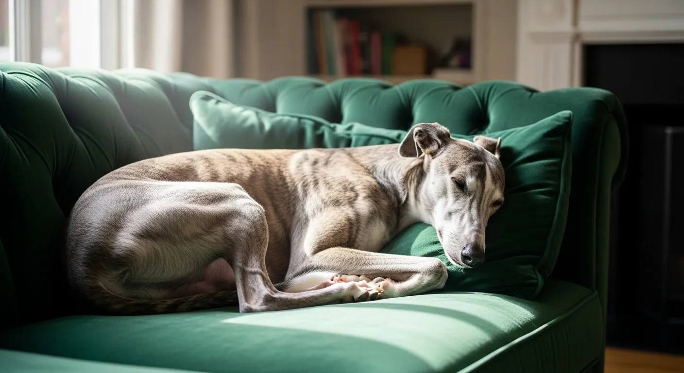 Greyhound asleep on couch, peaceful.