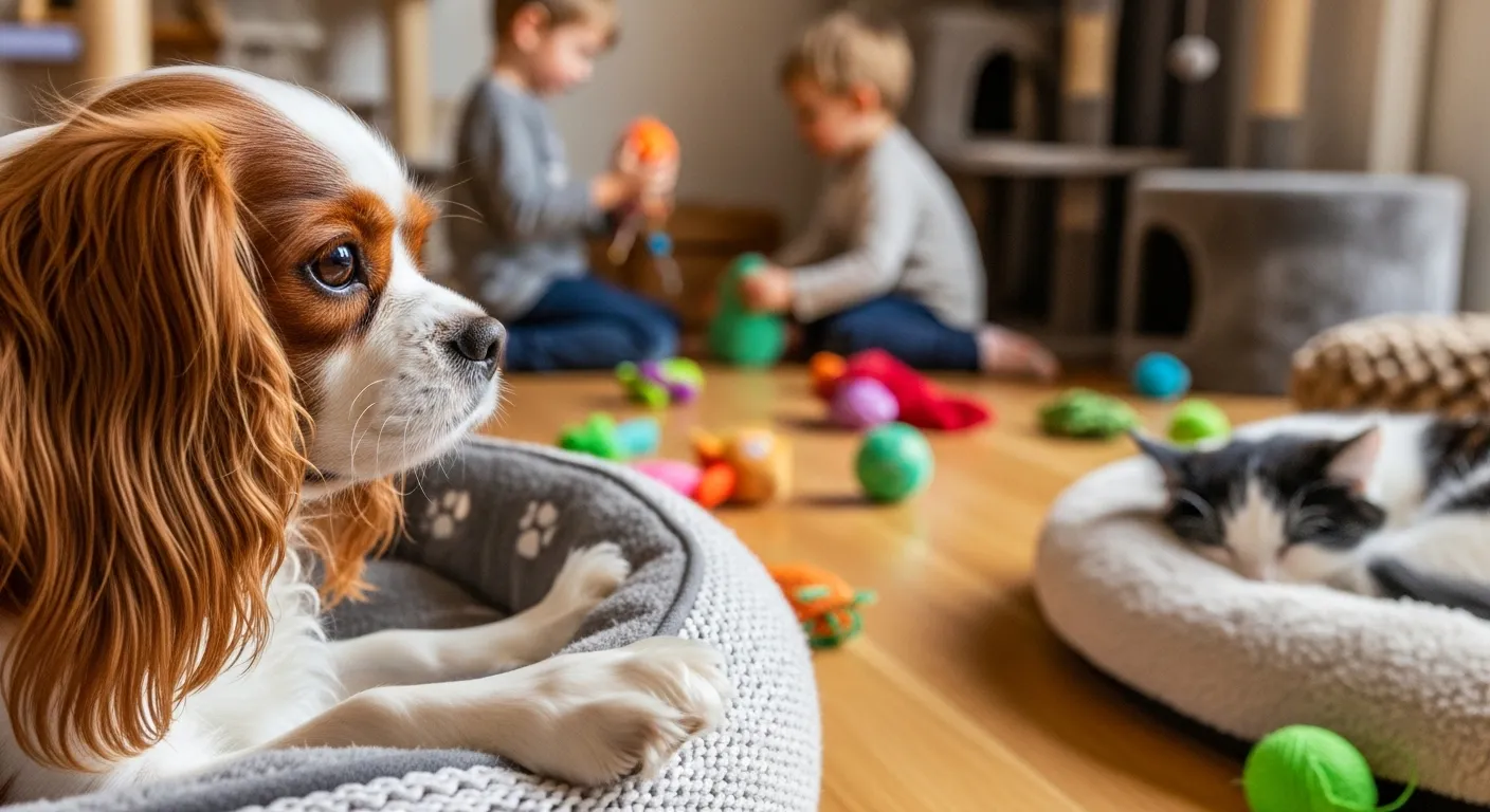 Cavalier watching children play, showcasing peaceful co-existence.
