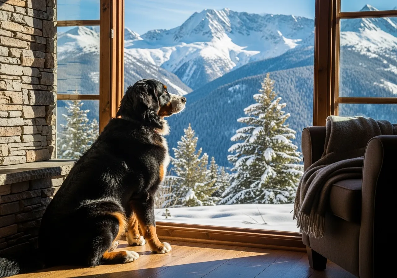 Bernese Mountain Dog looking out window at snowy mountains.